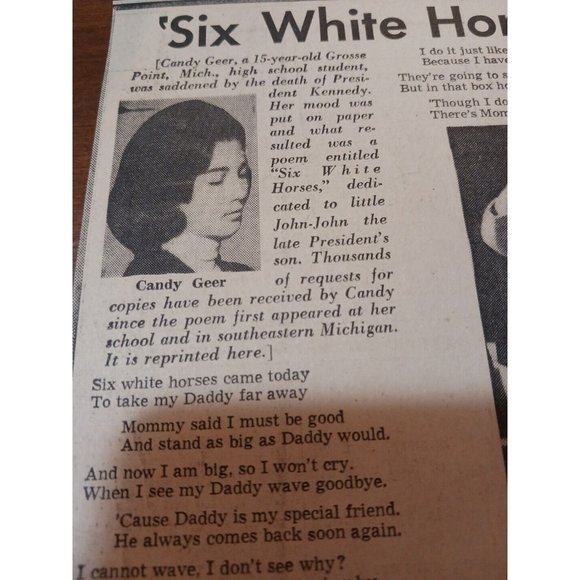 Newspaper Clipping Pres Kennedy Poem SIX WHITE HORSES 1960's History - Picture 2 of 5